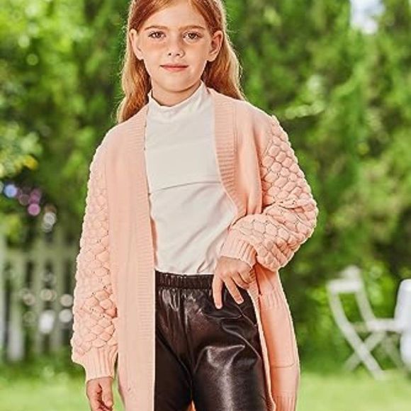 Girls Cardigan Long Open Front Pom Pom Knit Sweater with Pockets School Uniform - Picture 4 of 6